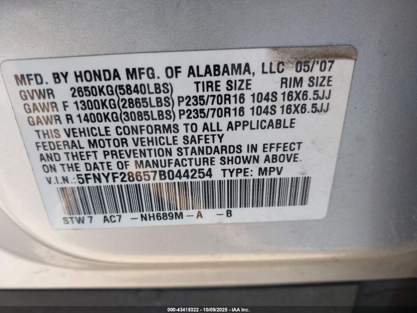 2007 Honda Pilot Ex-L VIN: 5FNYF28657B044254 Lot: 43415322