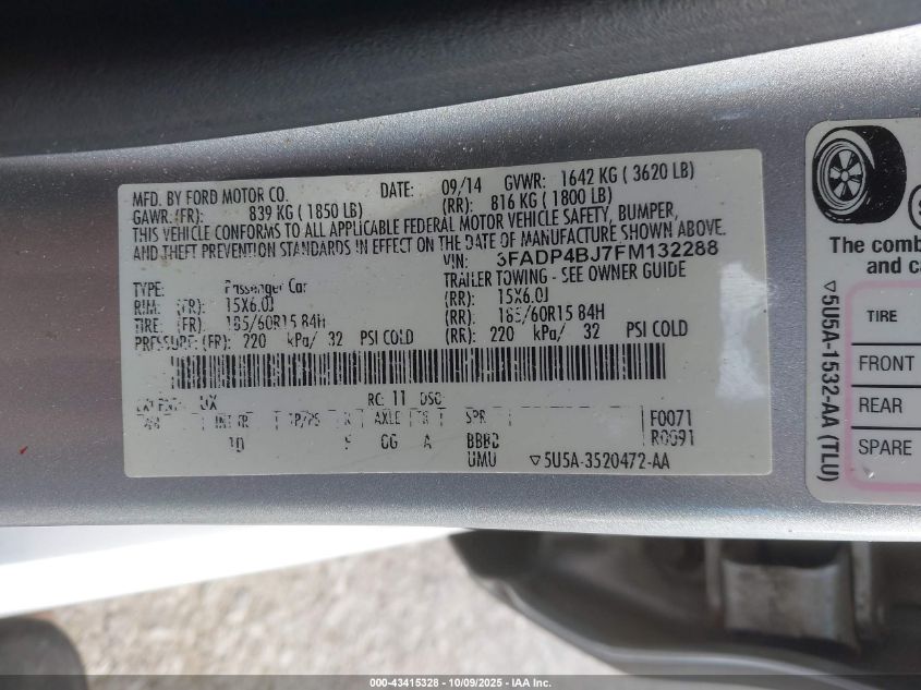 2015 Ford Fiesta Se VIN: 3FADP4BJ7FM132288 Lot: 43415328