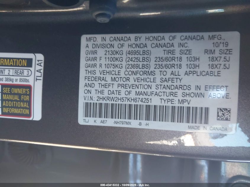 2019 Honda Cr-V Ex VIN: 2HKRW2H57KH674251 Lot: 43415332