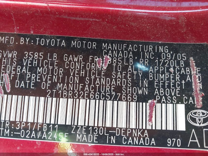 2006 Toyota Corolla Le VIN: 2T1BR32E66C577669 Lot: 43415333