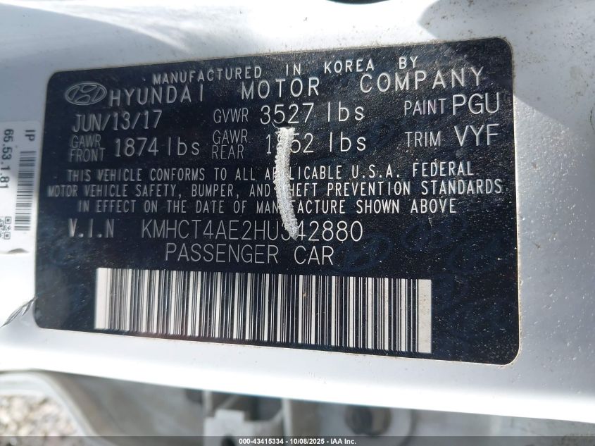 2017 Hyundai Accent Se VIN: KMHCT4AE2HU342880 Lot: 43415334