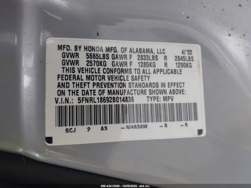 2002 Honda Odyssey Ex VIN: 5FNRL18692B014836 Lot: 43415366