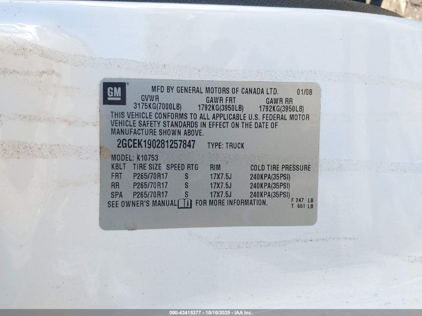 2008 Chevrolet Silverado 1500 Lt1 VIN: 2GCEK190281257847 Lot: 43415377