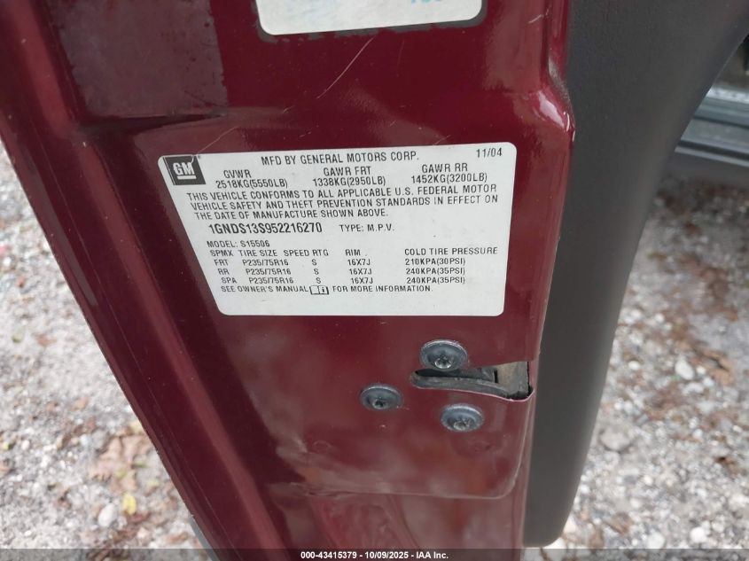 2005 Chevrolet Trailblazer Ls VIN: 1GNDS13S952216270 Lot: 43415379