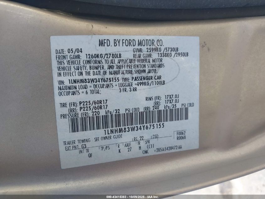 2004 Lincoln Town Car Ultimate VIN: 1LNHM83W34Y675155 Lot: 43415383