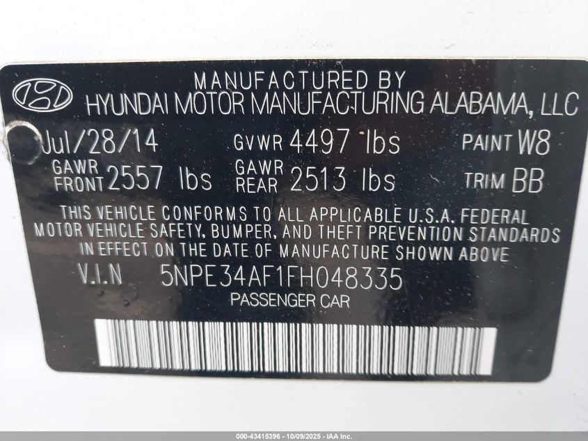 2015 Hyundai Sonata Sport VIN: 5NPE34AF1FH048335 Lot: 43415396