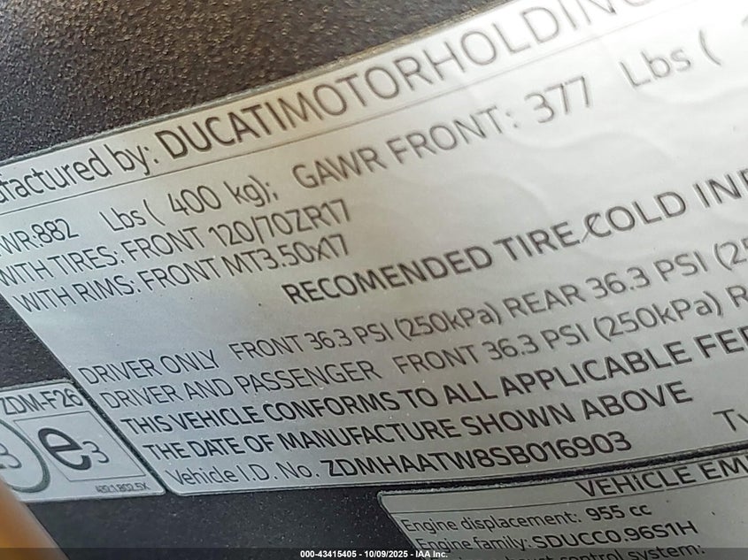 2025 Ducati Panigale V2 VIN: ZDMHAATW8SB016903 Lot: 43415405