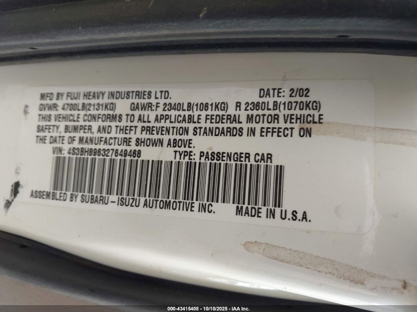 2002 Subaru Outback H6-3.0 Vdc VIN: 4S3BH896327649468 Lot: 43415408