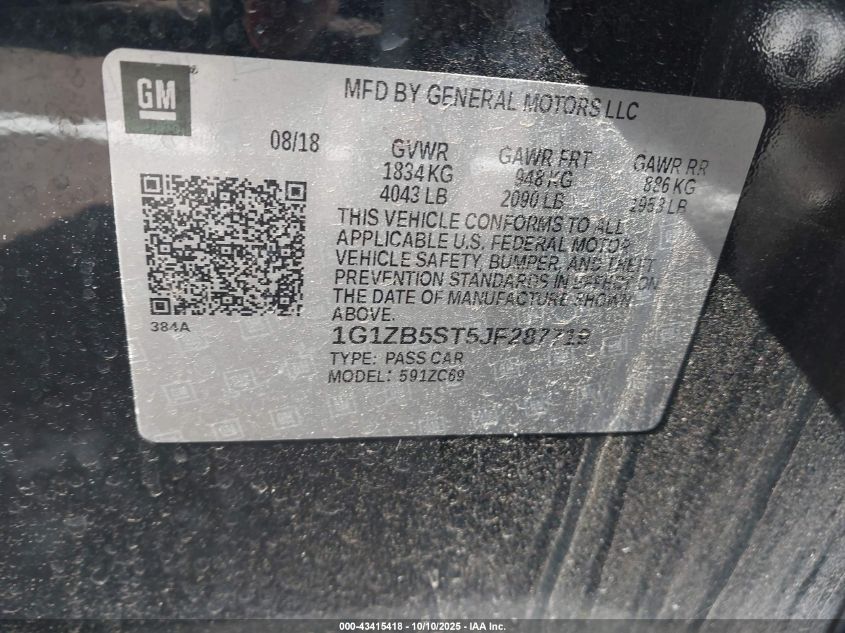 2018 Chevrolet Malibu 1Ls VIN: 1G1ZB5ST5JF287719 Lot: 43415418