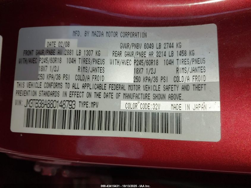 2008 Mazda Cx-9 Sport VIN: JM3TB38A880148793 Lot: 43415431