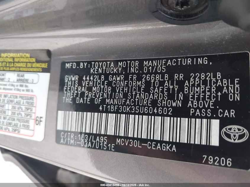 2005 Toyota Camry Xle V6 VIN: 4T1BF30K35U604602 Lot: 43415458