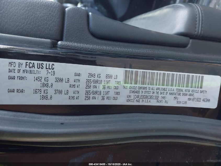2019 Jeep Grand Cherokee Limited 4X2 VIN: 1C4RJEBG8KC851332 Lot: 43415459