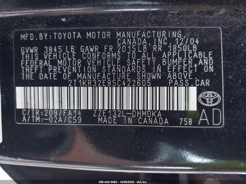 2005 Toyota Matrix VIN: 2T1KR32E85C422605 Lot: 43415463