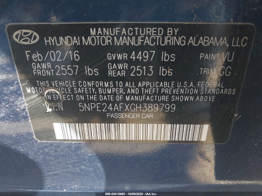 2016 Hyundai Sonata Se VIN: 5NPE24AFXGH389799 Lot: 43415465