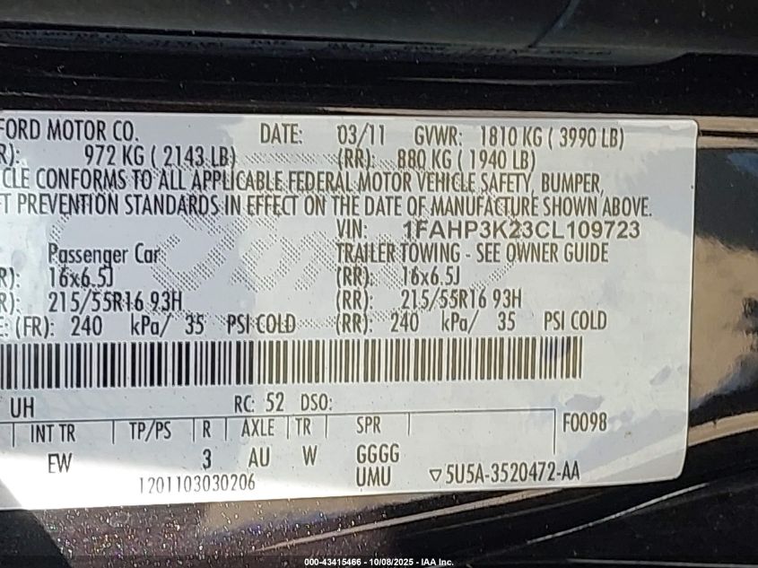 2012 Ford Focus Se VIN: 1FAHP3K23CL109723 Lot: 43415466