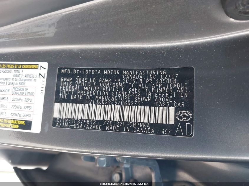 2007 Toyota Matrix Xr VIN: 2T1KR32E57C662701 Lot: 43415467