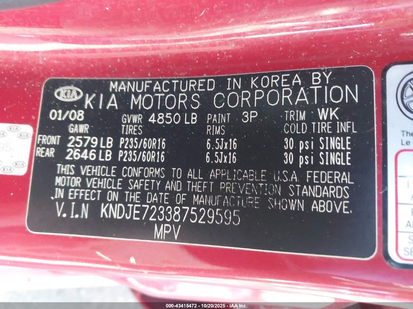 2008 Kia Sportage Lx V6 VIN: KNDJE723387529595 Lot: 43415472