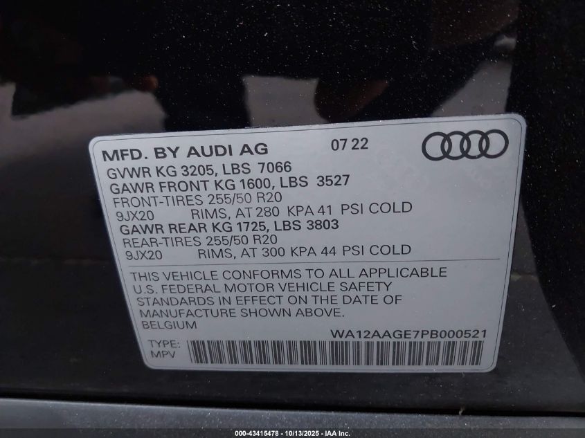 2023 Audi E-Tron Sportback Premium Plus S Line Quattro VIN: WA12AAGE7PB000521 Lot: 43415478