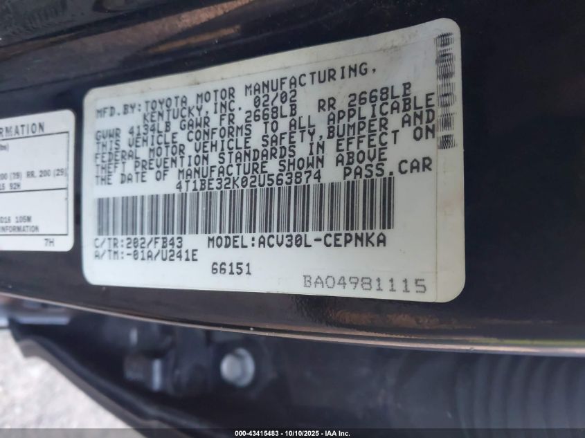 2002 Toyota Camry Le VIN: 4T1BE32K02U563874 Lot: 43415483