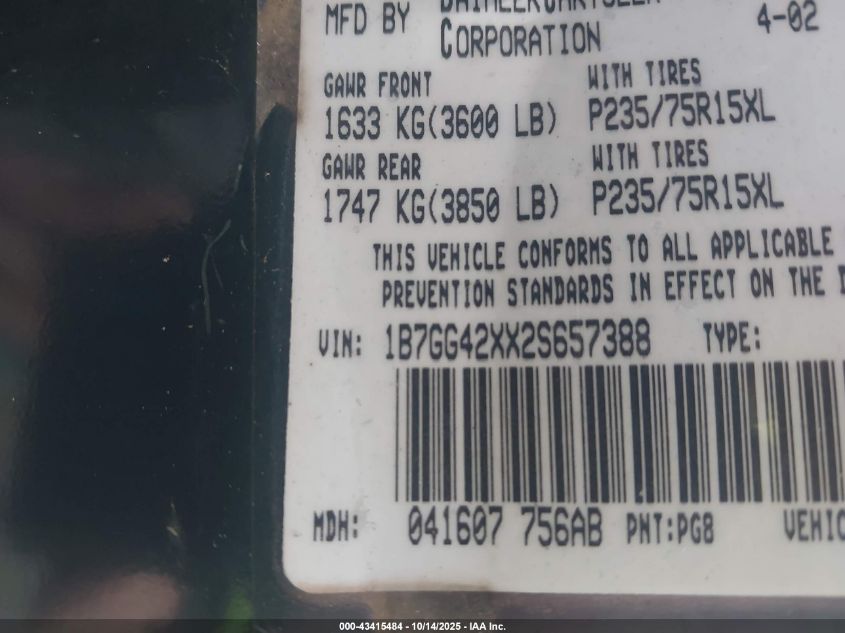 2002 Dodge Dakota Slt VIN: 1B7GG42XX2S657388 Lot: 43415484