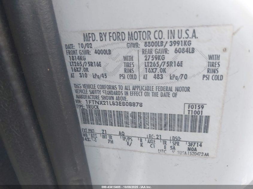 2003 Ford F-250 Lariat/Xl/Xlt VIN: 1FTNX21L83EB08878 Lot: 43415485