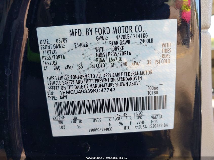 2009 Ford Escape Hybrid Limited VIN: 1FMCU49339KC47743 Lot: 43415493