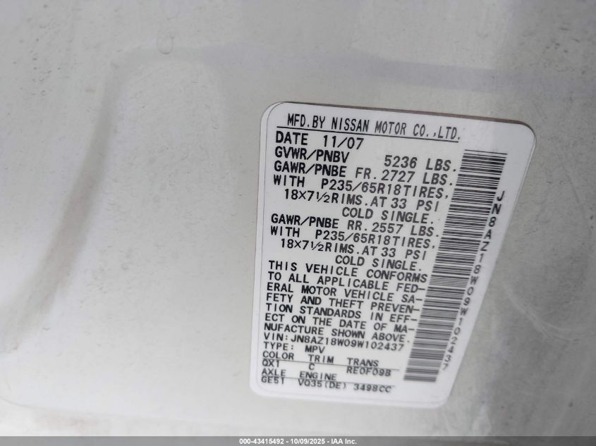 2009 Nissan Murano S VIN: JN8AZ18W09W102437 Lot: 43415492