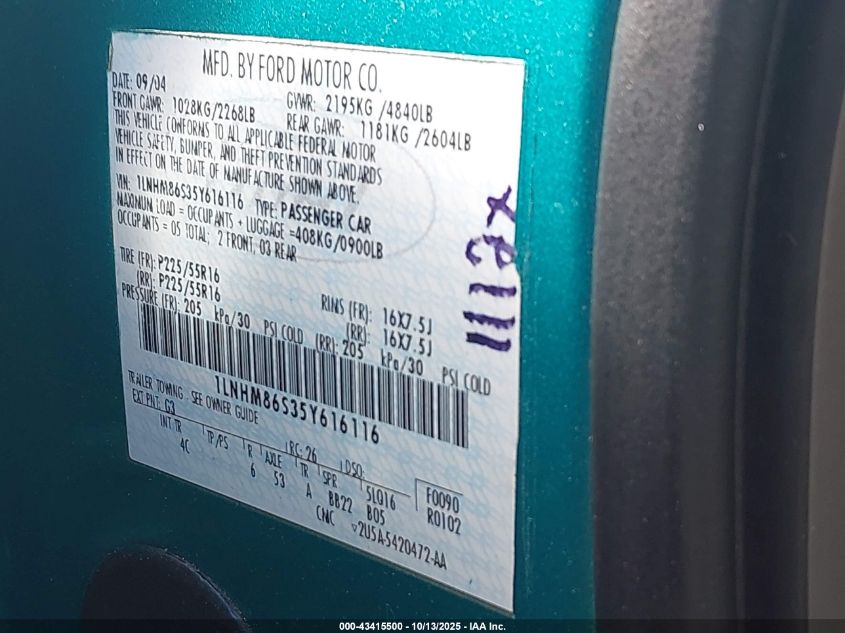 2005 Lincoln Ls V6 VIN: 1LNHM86S35Y616116 Lot: 43415500