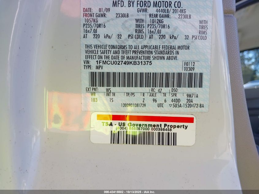 2009 Ford Escape Xls/Xls Manual VIN: 1FMCU02749KB31375 Lot: 43415502