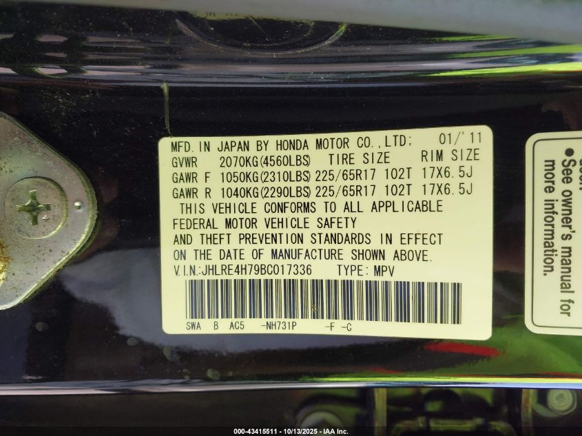 2011 Honda Cr-V Ex-L VIN: JHLRE4H79BC017336 Lot: 43415511