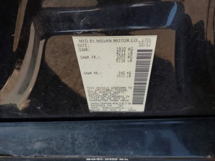 2013 Nissan Altima 2.5 Sl VIN: 1N4AL3AP4DN462679 Lot: 43415515