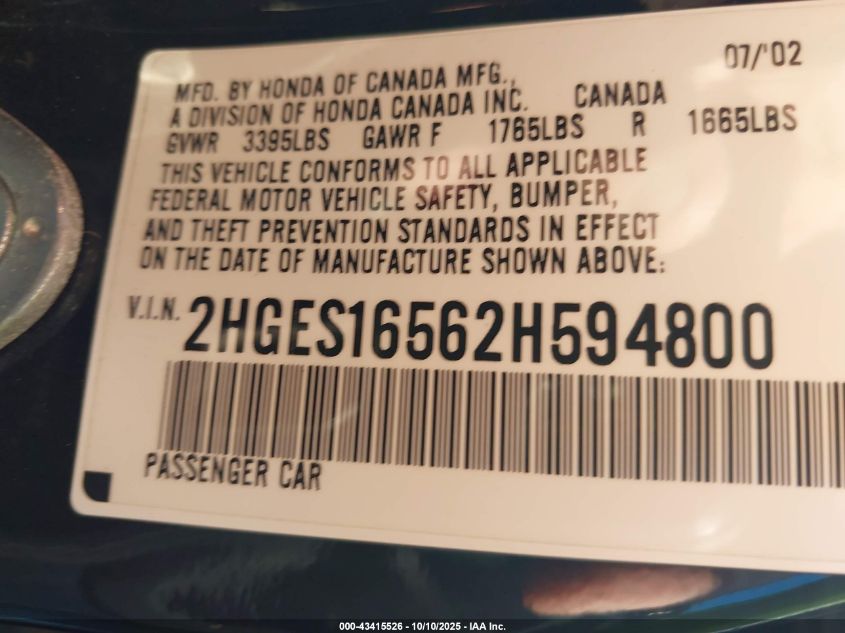 2002 Honda Civic Lx VIN: 2HGES16562H594800 Lot: 43415526