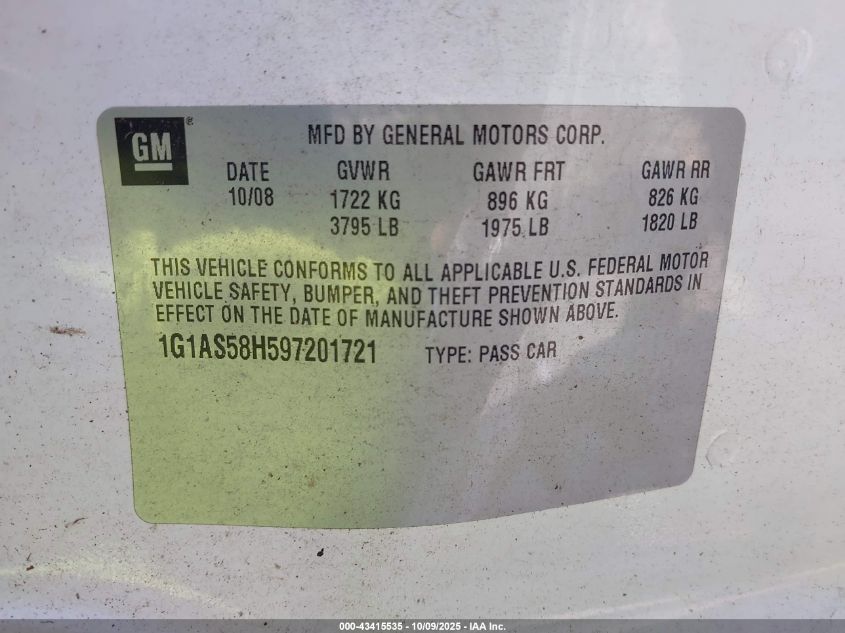 2009 Chevrolet Cobalt Ls VIN: 1G1AS58H597201721 Lot: 43415535