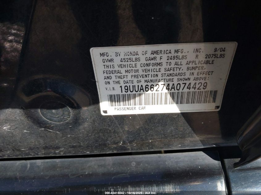 2004 Acura Tl VIN: 19UUA66274A074429 Lot: 43415542
