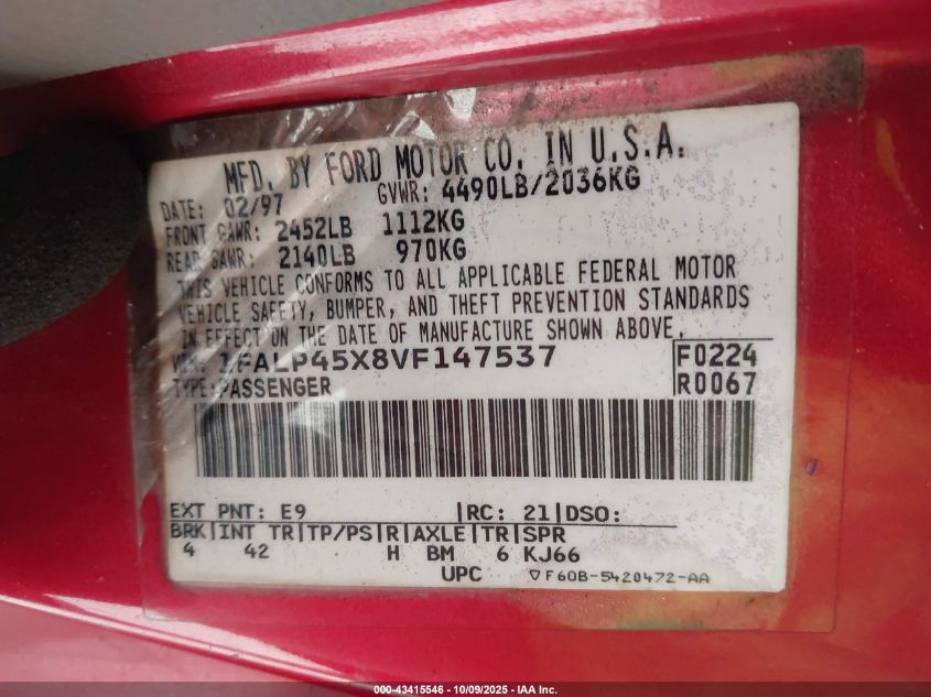 1997 Ford Mustang Gt VIN: 1FALP45X8VF147537 Lot: 43415546