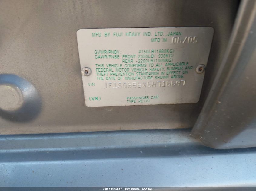 2006 Subaru Forester 2.5X VIN: JF1SG656X6H716697 Lot: 43415547