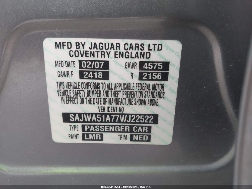 2007 Jaguar X-Type 3.0 VIN: SAJWA51A77WJ22522 Lot: 43415554