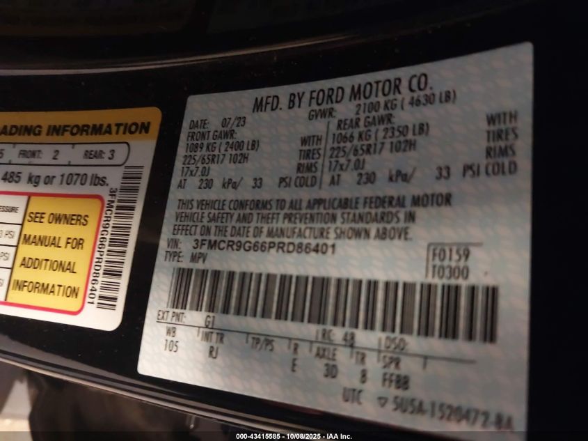 2023 Ford Bronco Sport Heritage VIN: 3FMCR9G66PRD86401 Lot: 43415585