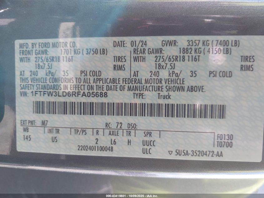 2024 Ford F-150 Xlt VIN: 1FTFW3LD6RFA05688 Lot: 43415601