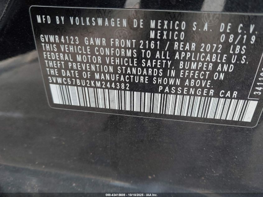 2019 Volkswagen Jetta 1.4T R-Line/1.4T S/1.4T Se VIN: 3VWC57BU2KM244382 Lot: 43415608