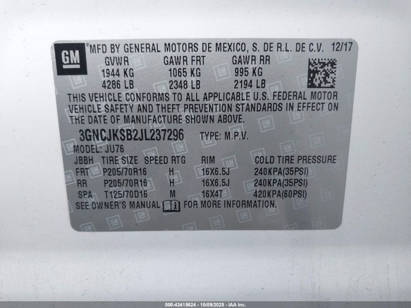 2018 Chevrolet Trax Ls VIN: 3GNCJKSB2JL237296 Lot: 43415624