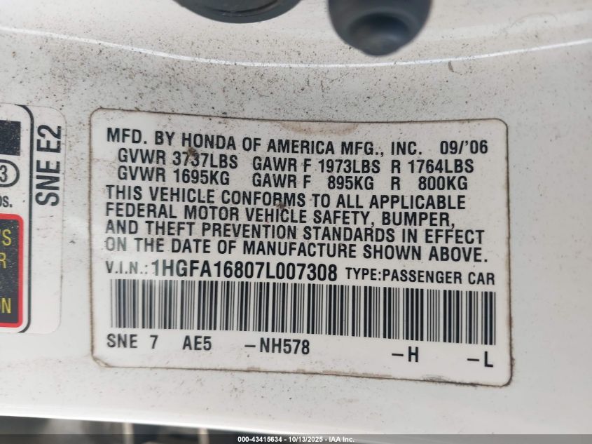 2007 Honda Civic Ex VIN: 1HGFA16807L007308 Lot: 43415634