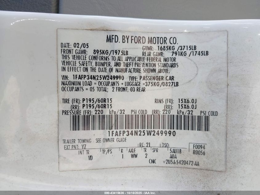 2005 Ford Focus Zx4 VIN: 1FAFP34N25W249990 Lot: 43415636