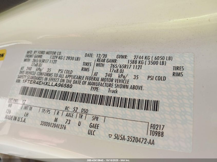 2020 Ford Ranger Xlt VIN: 1FTER4EHXLLA96580 Lot: 43415645