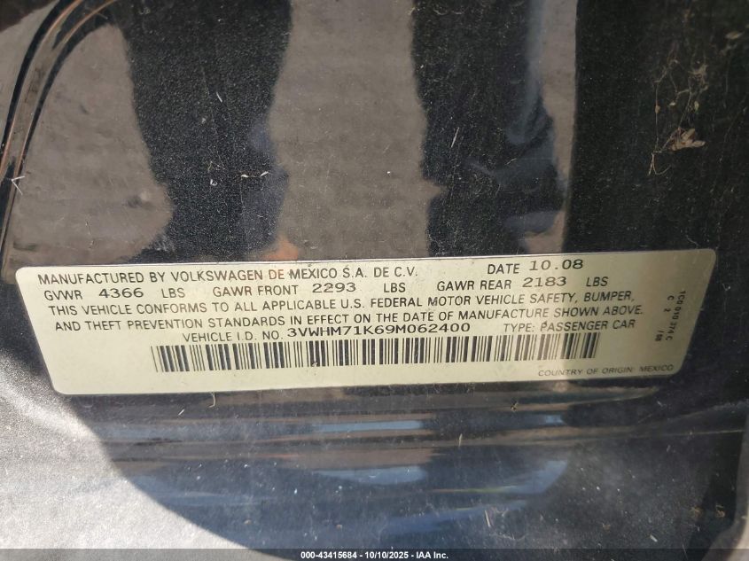 2009 Volkswagen Jetta S VIN: 3VWHM71K69M062400 Lot: 43415684