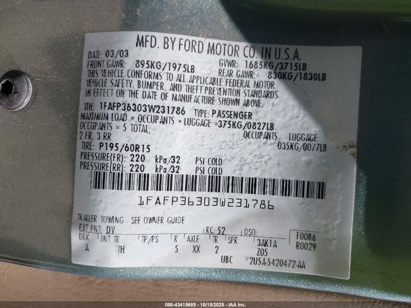 2003 Ford Focus Se/Ztw VIN: 1FAFP36303W231786 Lot: 43415689