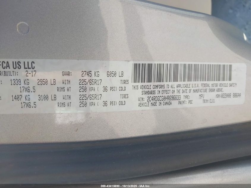 2017 Dodge Grand Caravan Sxt VIN: 2C4RDGCG0HR696633 Lot: 43415690