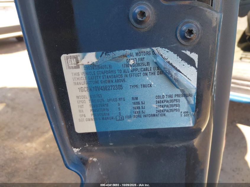 2003 Chevrolet Silverado 1500 VIN: 1GCEK19V43E272305 Lot: 43415693
