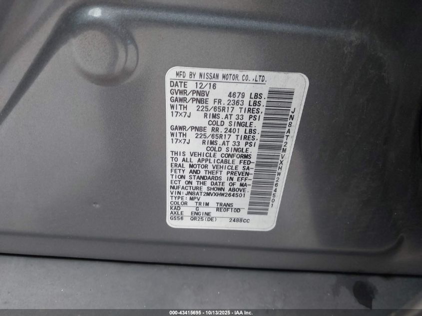 2017 Nissan Rogue S VIN: JN8AT2MVXHW264501 Lot: 43415695