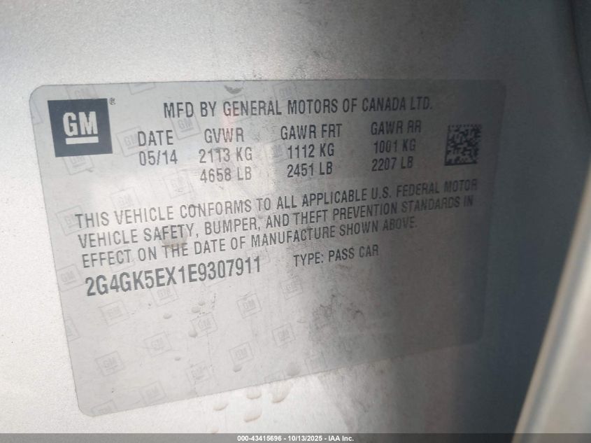 2014 Buick Regal Turbo VIN: 2G4GK5EX1E9307911 Lot: 43415696